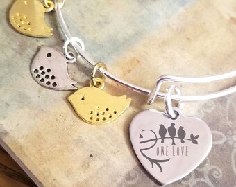 One Love, Three Little Birds Bracelet, One Love Bracelet, Adjustable Bracelet, Wire Bangle Bracelet, Rasta, Bird Lover, One Love Jewelry