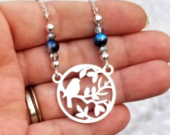 Bohemian Necklace, Silver Bird Necklace, Bird and Tree, Boho Jewelry, Beaded Bird Necklace, Bird Pendant, Bird Lover Gift, Gift for Her