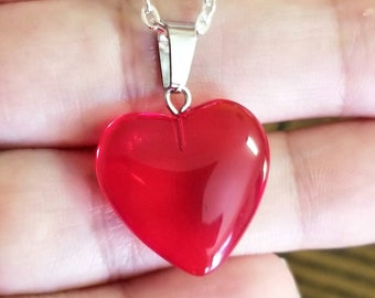 Red Glass Heart Necklace, Red Heart Necklace, Red Heart Pendant, Heart Necklace, Ruby Red Heart, Glass Puffy Heart Necklace, Gifts for Her