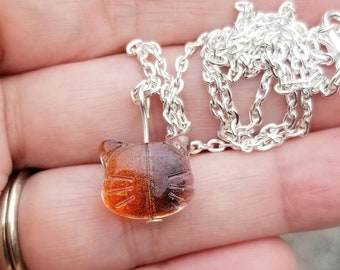 Molded Glass Cat Pendant Necklace, Cat Jewelry, Calico, Orange Cat Jewelry, Cat Lover Gift, Orange Calico Cat, Cat Mom