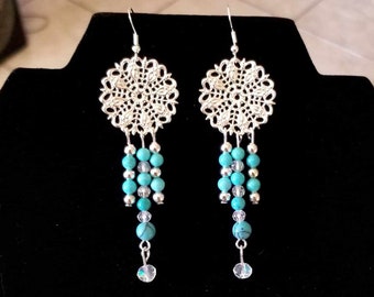 Long Silver Turquoise Dangle Earrings, Turquoise Fringe Earrings, Turquoise, Southwestern, Beaded Fringe, Boho, Bohemian, Filigree, Bali