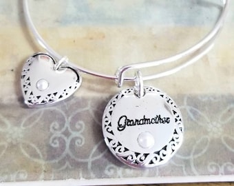 Handmade Grandmother Charm Bracelet, Adjustable Silver Plated Bangle, Grandma Jewelry, Mothers Day Gift for Grandma