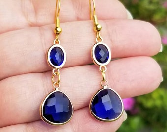 14k Gold Sapphire Earrings, Sapphire Earrings, Blue Sapphire Earrings, Gold Dangle Earrings, Sapphire Jewelry, September Birthstone