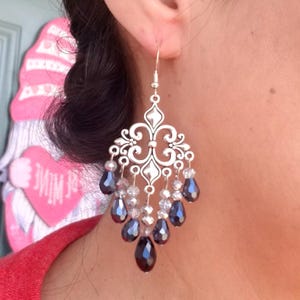 Silver Fleur de Lis Earrings, Crystal Fleur de Lis Earrings, Black & Silver Dangle Earrings, Long Fleur de Lis Dangle Earrings, Chandelier