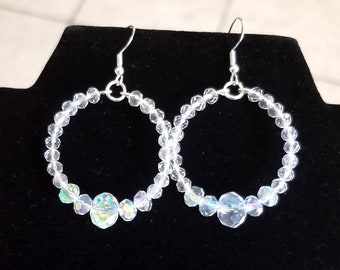 Crystal Hoop Earrings, Silver Crystal Earrings, Hoop Earrings, Silver Hoops, Beaded Earrings, Bridal Earrings, Bride Earrings, Prom, Wedding