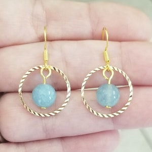 18k Gold Aquamarine Earrings, Aquamarine Bead Earrings, Gold Hoop Earrings, Small Hoop Earrings, Drop, Aquamarine Jewelry, Dangle Hoop