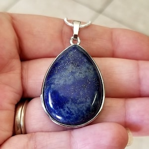 Sterling Silver Lapis Necklace, Lapis Necklace, Large Teardrop Pendant, Natural Stone Pendant, Blue Pendant, Lapis Lazuli Jewelry, Unisex