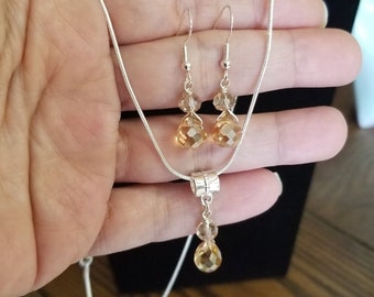 Champagne Crystal Necklace Set, Teardrop Crystal Necklace and Earrings, Mother of the Bride Jewelry, Wedding, Bridal Jewelry Set, Prom