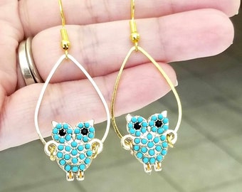 Eule Ohrringe, Gold Eule Ohrringe, Türkis Eule Ohrringe, Eulen Schmuck, Teardrop Ohrringe, Hoop Ohrringe, Eule Geschenk, Eulen-Liebhaber Geschenk