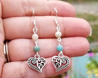 Boucles d'oreilles aventurine, boucles d'oreilles pendantes aventurine, boucles d'oreilles coeur en argent, bijoux aventurine, boucles d'oreilles en pierre verte, boucles d'oreilles coeur