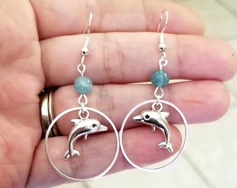 Silver Dolphin Earrings, Aquamarine Earrings, Dolphin Dangle Earrings, Hoop Earrings, Dolphin Jewelry, Dangle Earrings, Dolphins, Sea Life