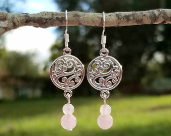 Silver Filigree Rose Quartz Dangle Earrings, Rose Quartz Jewelry, Bohemian, Healing, Pink Gemstone, Beaded, Natural Stone Beads