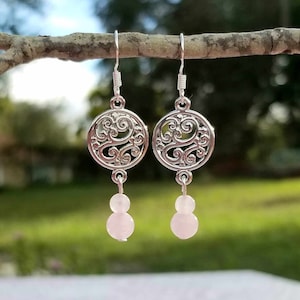 Rose Quartz Earrings, Rose Quartz Dangle Earrings, Sterling Silver Rose Quartz Earrings, Silver Earrings, Rose Quartz Jewelry, Bohemian