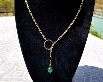 Gold Paperclip Chain Lariat Necklace, Jade Necklace, Jade Lariat Necklace, Y Necklace, Gifts for Her, Friend Gift, Mom Gift, Emerald Jade