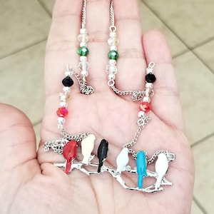 Silver Birds Necklace, Bird Necklace, Beaded Bird Necklace, 38&quot; Long Necklace, Birds on Branch, Bird Jewelry, Crystal Bird Necklace, Birds