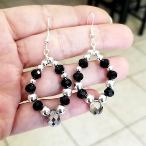 Black Crystal Hoop Earrings, Black Crystal Earrings, Hoop Earrings, Silver & Black Earrings, Silver and Black Hoops, Beaded Earrings, Prom