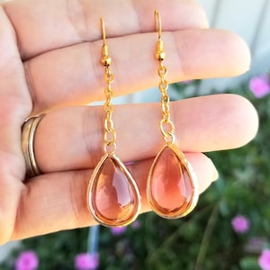 Morganite Cystal Earrings, 14k Gold Dangle Earrings, Gold Morganite Earrings, Crystal Teardrop Earrings, Long Dangle Earrings, Gift for Her