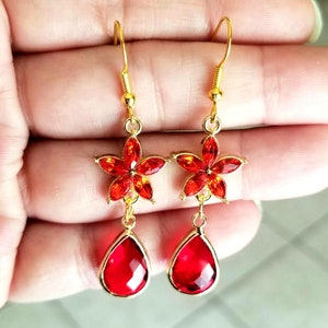 14k Gold Ruby Earrings, Flower Earrings, Tear Drop Earrings, Ruby Earrings, Drop, Womens Earrings, Ruby Jewelry, Gifts for Her, Red Earrings