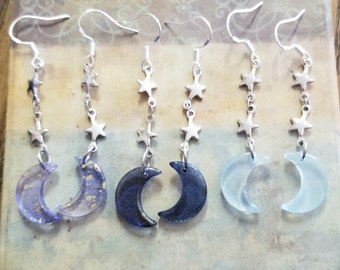Moon Earrings, Moon & Stars Earrings, Glass Moon Charm, Gothic, Crescent Moon Earrings, Dangle Earrings, Silver Moon Earrings, Celestial,