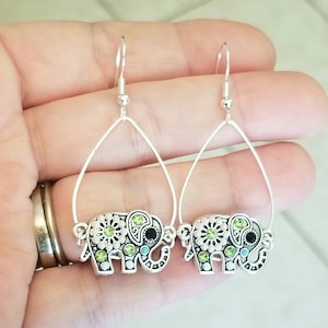 Silver Elephant Earrings, Crystal Elephant Earrings, Elephant Dangle Earrings, Lucky Elephant, Boho, Bohemian, Elephant Lover Gift