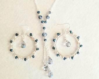 Conjunto de collar de cristal de zafiro, collar y pendientes de cristal azul, conjunto de joyas para graduación, madre de la novia, boda, graduación, conjunto de joyas para novia
