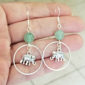 Elephant Earrings, Silver Elephant Earrings, Aventurine Earrings, Boho, Elephant Dangle Earrings, Hoop Earrings, Elephant Gifts, Elephants