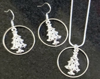 Sterling Silver Christmas Tree Earrings, Christmas Jewelry, Christmas Necklace, Christmas Jewelry Set, Holiday Jewelry, Secret Santa Gift