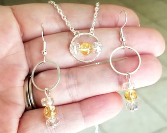 Parure de collier en argent citrine, boucles d'oreilles en citrine, collier en citrine, parure de bijoux en citrine, bijoux en citrine, pendentifs, créoles, pierre de naissance de novembre,
