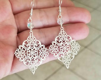 Silver Filigree Floral Earrings, Large Silver Dangle Earrings, Crystal Drop Earrings, Floral Filigree Drop Earrings, Gift for Her, Statement