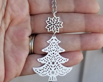 Christmas Tree Necklace, Holiday Necklace, Christmas Necklace, White Christmas Tree Necklace, Large Christmas Necklace, Secret Santa Gifts
