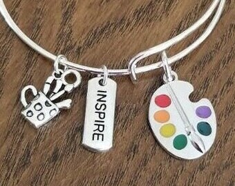 Künstler Bettelarmband, Maler, Künstler Geschenk, Kunstlehrer, palette, Pinsel, Silber Bettelarmband, erweiterbar, Künstler, Maler