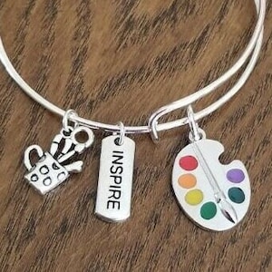 Artist Charm Bracelet, Painter, Artist Gift, Art Teacher, Art Palette, Paint Brush, Silver Charm Bracelet, Expandable, Artists, Painters