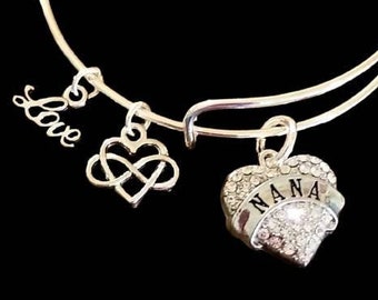 Bracelet Nana, Bracelet à breloques Crystal Heart Nana, cadeau Nana, cadeau grand-mère, cadeau grand-mère, bijoux Nana, petits-enfants, cadeau de Noël Nana