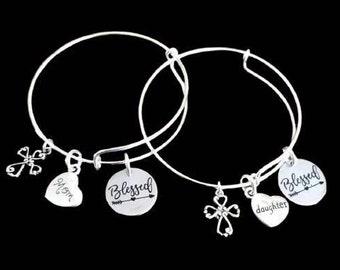 Silver 2pc Mom Daughter Bracelet Set, Blessed Mom & Daughter Gift, Mother Daughter Jewelry Set, Mom Daughter Gifts Christmas Gifts, Family
