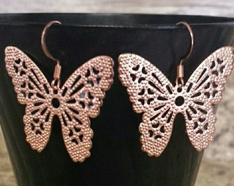 Rose Gold Butterfly Earrings, Dangle Earrings, Statement Earrings, Women's Earrings, Butterfly Jewelry, Butterfly Gift Boho Earrings, Unique