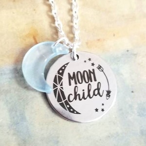 Moon Child Necklace, Moon Necklace, Sky Blue Glass Moon Charm, Moon Jewelry, Womens Necklace, Bohemian, Hippie, Moon Pendant, Eclipse