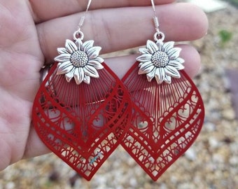 Silver Sunflower Earrings, Large Sunflower Earrings, Sunflower Dangle Earrings, Sunflowers, Flower Earrings, Large Sunflower Dangle Earrings