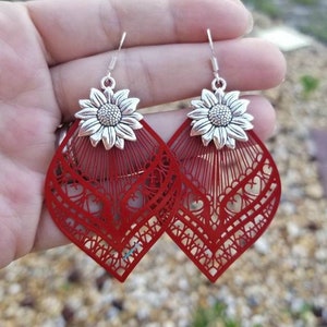 Silver Sunflower Earrings, Large Sunflower Earrings, Sunflower Dangle Earrings, Sunflowers, Flower Earrings, Large Sunflower Dangle Earrings