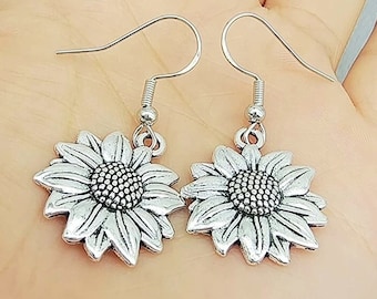 Sterling Silver Sunflower Earrings, Sunflower Dangle Earrings, Women's Earrings, Silver Flower Earrings, Gift for Her, Flowers, Sunflowers