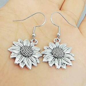 Sterling Silver Sunflower Earrings, Sunflower Dangle Earrings, Women&#39;s Earrings, Silver Flower Earrings, Gift for Her, Flowers, Sunflowers