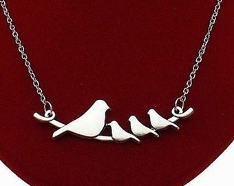 Silver Birds Necklace, Four Birds on Branch Pendant, Bird Jewelry, Bird Necklace, Mama Bird Baby Birds, Bird Necklace Mother, Mom Gift