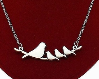 Silver Birds Necklace, Four Birds on Branch Pendant, Bird Jewelry, Bird Necklace, Mama Bird Baby Birds, Bird Necklace Mother, Mom Gift