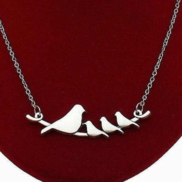Silver Birds Necklace, Four Birds on Branch Pendant, Bird Jewelry, Bird Necklace, Mama Bird Baby Birds, Bird Necklace Mother, Mom Gift