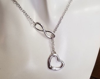 Infinity Heart Lariat Necklace, Open Heart Necklace, Silver Y Necklace, Love Infinity Necklace, Gifts for Her, Friend Gift, Mom Gift, Gifts