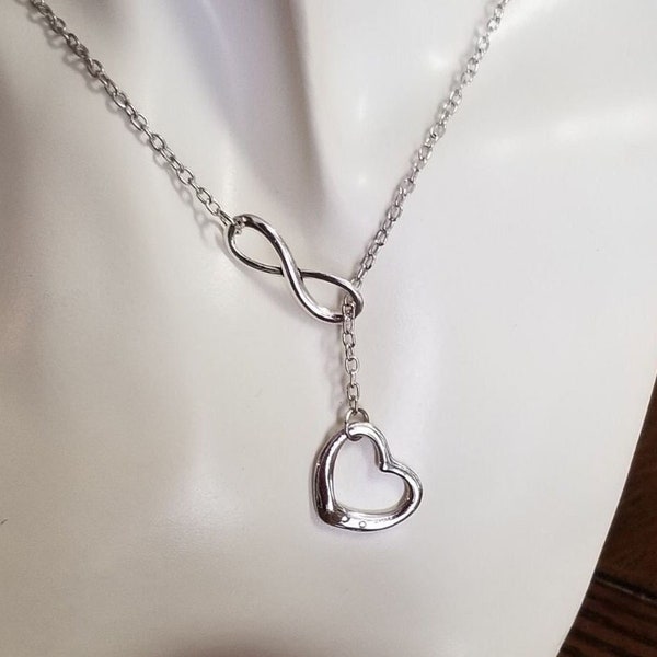 Infinity Heart Lariat Necklace, Open Heart Necklace, Silver Y Necklace, Love Infinity Necklace, Gifts for Her, Friend Gift, Mom Gift, Gifts