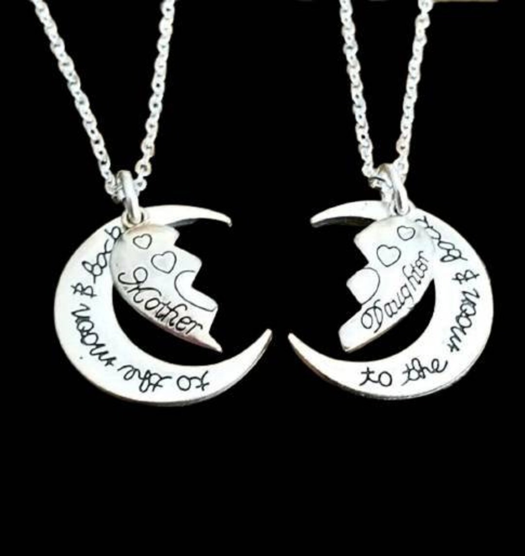 2pc or 3pc Mom and Daughter Necklace Set, Engraved Heart Puzzle Pendant, Moon Necklace, Mother