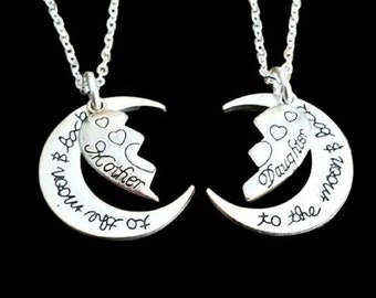 2pc or 3pc Mom and Daughter Necklace Set, Engraved Heart Puzzle Pendant, Moon Necklace, Mothers Day Gift, Mother Daughter Jewelry, Birthday