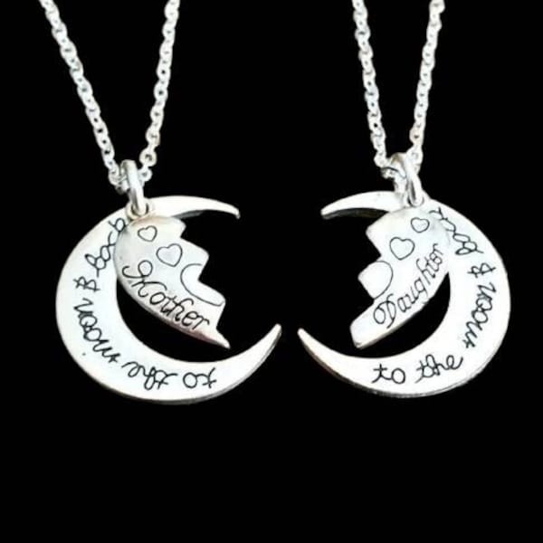 2pc or 3pc Mom and Daughter Necklace Set, Engraved Heart Puzzle Pendant, Moon Necklace, Mothers Day Gift, Mother Daughter Jewelry, Birthday