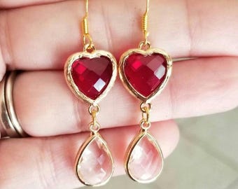 14k Gold Rubin Ohrringe, rotes Herz Ohrringe, Doppeltropfen Ohrringe, Rubin baumeln Ohrringe, Herz Schmuck, Herz Ohrringe, rote Stein Ohrringe