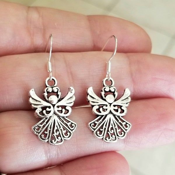 Sterling Silver Guardian Angel Earrings, Silver Earrings, Angel Jewelry, Angel Earrings, Guardian Angel, Gifts for Her, Dangle Earrings